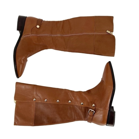 Michael Kors Tan Leather Riding Boots Knee High Zip Low Heel Size 10M Almond Toe - Picture 2 of 12